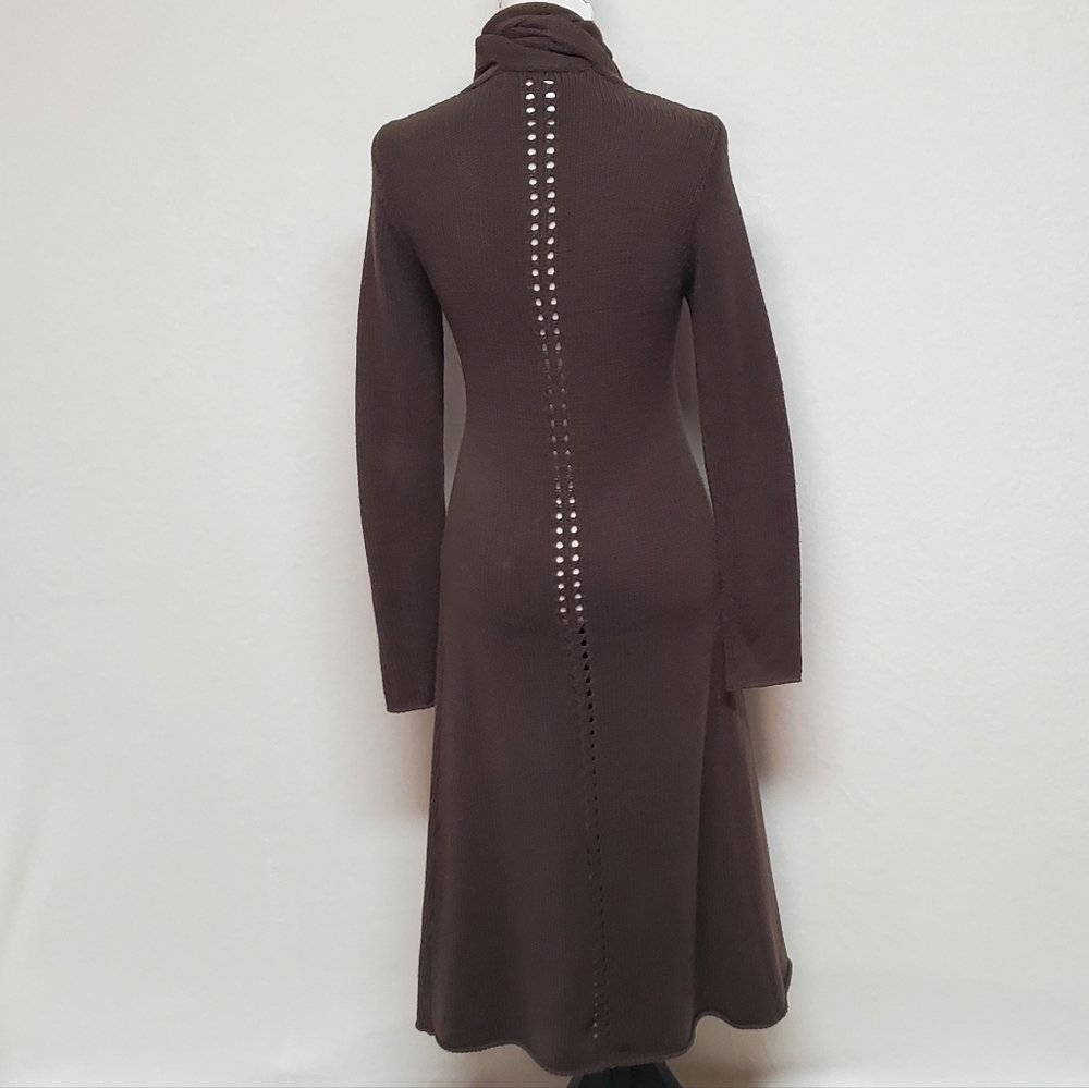 Rare Vintage 90s Max Studio Chocolate Brown Braided Detail Maxi Duster Cardigan - Picture 11 of 14